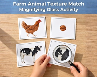 May include: Farm Animal Texture Match Magnifying Glass Activity set featuring four white cards with images of a brown chicken and a black and white cow, alongside two cards showing close-up textures viewed through a magnifying glass.