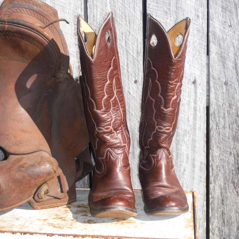 Tony Lama Vintage Chocolate Brown Cowboy Boots with Pull Holes Etsy