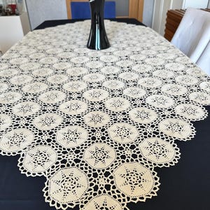 crochet lace tablecloth, handmade cotton table cover, square motif table linen, heirloom-style decor, elegant lace tablecloth