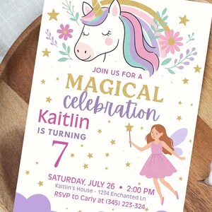 Magical Whimsical Birthday Party Invitation | Unicorn and Fairy 5x7 Invite | Editable Instant Download | Stars & Magical Celebration