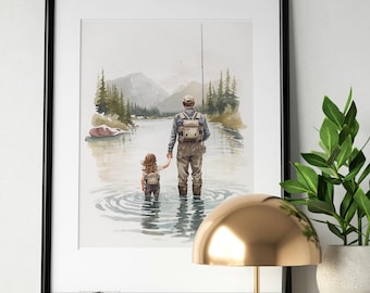 Father and Daughter Fly Fishing Print, Watercolor Dad and Daughter Fishing Wall Art, Father's Day Gift, Fly Fishing Nursery Decor