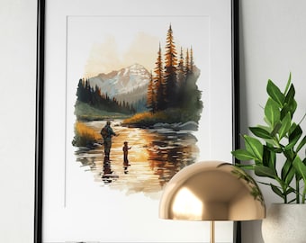 Father Son Fly Fishing Print | Dad and Son Fishing Wall Art | Mountain Stream Watercolor | Fishing Gift for Dad | Printable Instant Download