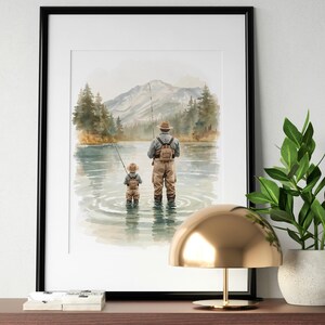 Father and Son Fly Fishing Print, Watercolor Dad and Son Fishing Wall Art, Fishing Gift for Dad, Father's Day Gift, Fishing Nursery Decor image 1