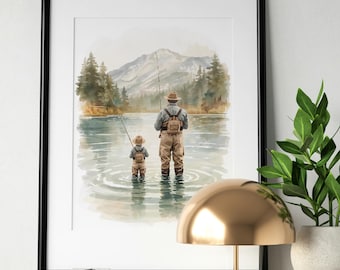 Father and Son Fly Fishing Print, Watercolor Dad and Son Fishing Wall Art, Fishing Gift for Dad, Father's Day Gift, Fishing Nursery Decor