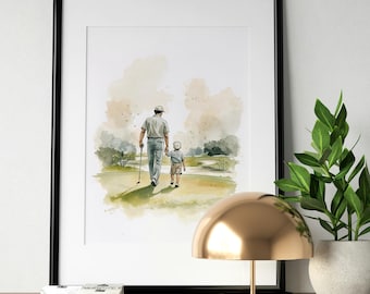 Father and Son Golf Course Print, Watercolor Dad and Son Golfing Wall Art, Golf Gift for Dad, Father’s Day Gift, Golf Nursery Decor