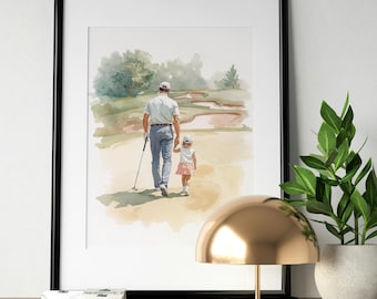 Father and Daughter Golf Print, Watercolor Dad and Daughter Golfing Wall Art, Golf Gift for Dad, Father's Day Gift, Golf Nursery Decor