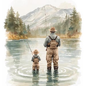 May include: Watercolor illustration of a father and child fishing in a lake. They are wearing hats, waders, and backpacks, with fishing rods in hand. The background features mountains and trees, creating a serene outdoor scene.