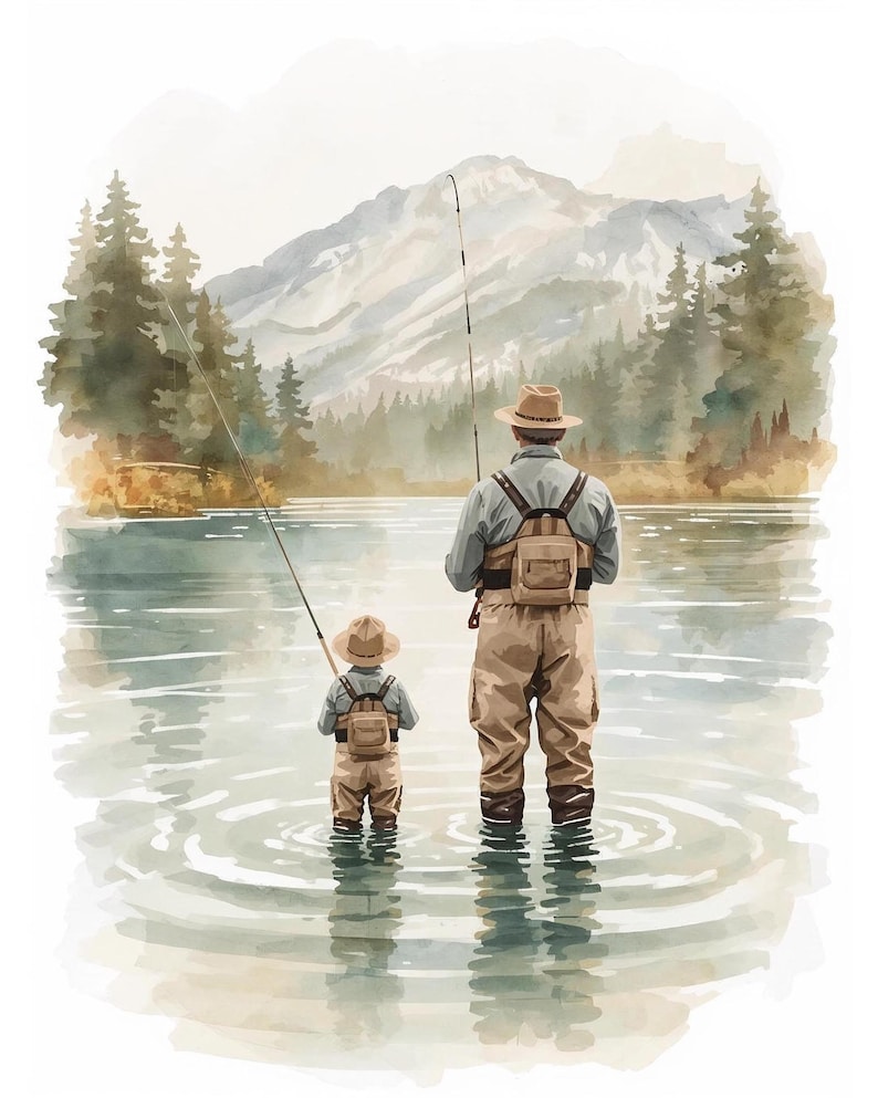 May include: Watercolor illustration of a father and child fishing in a lake. They are wearing hats, waders, and backpacks, with fishing rods in hand. The background features mountains and trees, creating a serene outdoor scene.