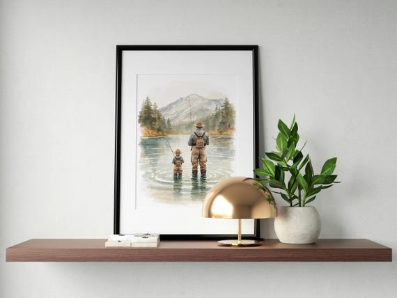 Father and Son Fly Fishing Print, Watercolor Dad and Son Fishing Wall Art, Fishing Gift for Dad, Father's Day Gift, Fishing Nursery Decor