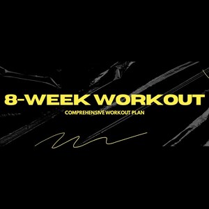 Peut inclure: Une image en noir et blanc avec un texte jaune superposé qui dit "8-WEEK WORKOUT COMPREHENSIVE WORKOUT PLAN". L'arrière-plan est une feuille de plastique noire avec une texture froissée.
