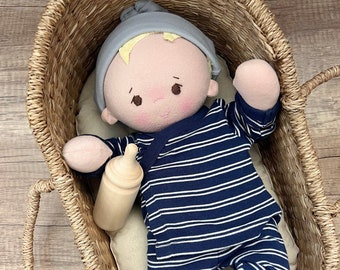 Plush baby boy doll, OOAK doll, empathy doll, handmade doll with bottle, soft baby doll, Waldorf inspired doll, 16 inch cuddle doll