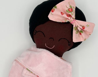 Swaddle Baby Doll, Black Doll, First Birthday Gift, soft doll for baby, Cloth Doll, Handmade Doll, Rag Doll, Big Sister Gift