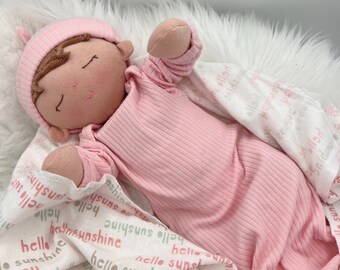 Plush baby girl doll, OOAK doll, empathy doll, handmade doll, soft doll, Waldorf inspired doll, 16 inch doll, Doll with blanket, art doll