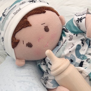 Plush baby boy doll, OOAK doll, empathy doll, handmade doll with bottle, soft baby doll, Waldorf inspired doll, 16 inch cuddle doll image 4