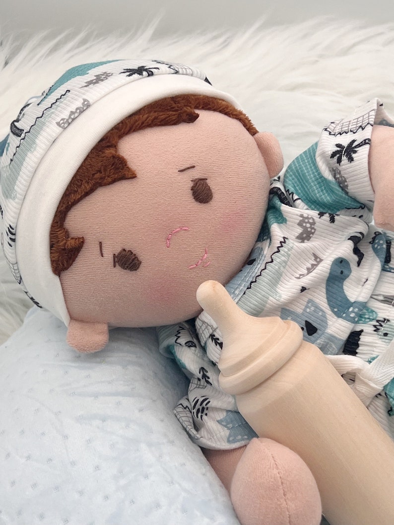 Plush baby boy doll, OOAK doll, empathy doll, handmade doll with bottle, soft baby doll, Waldorf inspired doll, 16 inch cuddle doll image 4