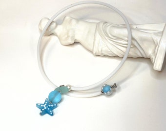 White rubber and blue matte glass beads choker