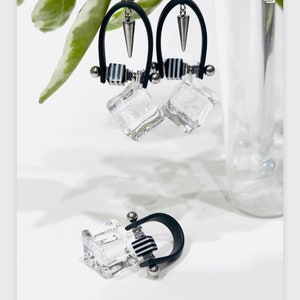 Contemporary Rubber and  Lucite Cubes Earrings and Ring. Black and White, Clear.