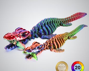 3D Printed Mosasaurus Skeleton Fidget Toy – Articulated Flexi Dinosaur – 20 Colours – Large & XL – Includes Squid Accessory