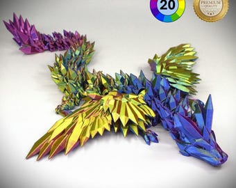 Multicolor 3D Printed Articulated Crystal Dragon with Wings / Winged Fantasy Gift / Fidget Dragon