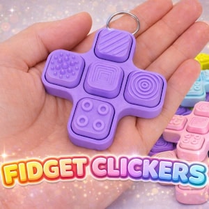 May include: A purple fidget clicker in a cross shape, with textured buttons. The clicker is held in a hand, with other colourful clickers in the background. The text "FIDGET CLICKERS" is displayed in a rainbow font.