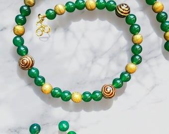 Deep Green Beaded Necklace with Alternating Red Circular Accents – Rhythmic, Bold & Elegant