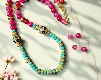 Handmade Pink and Green Beaded Necklace – Vibrant Statement Jewelry, Colorful Boho Style