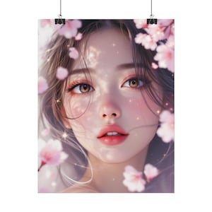 Cherry Blossom Oriental Girl Poster: Japanese Asian Art Wall Decor