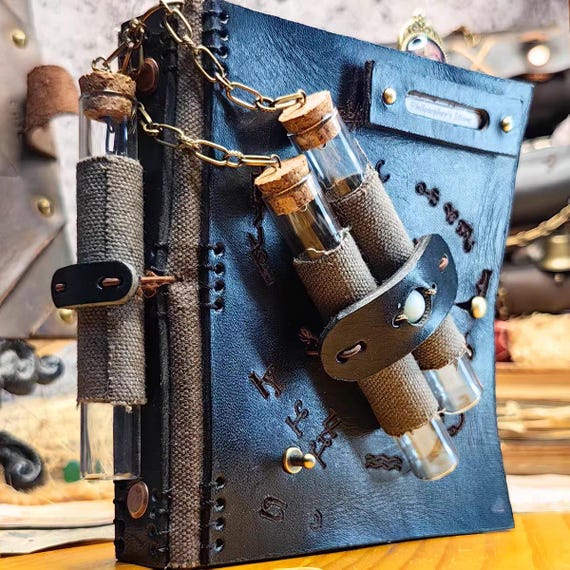 Handmade Dark Magic Theme Genuine Calf Leather Journal with Replaceable Paper Sheets