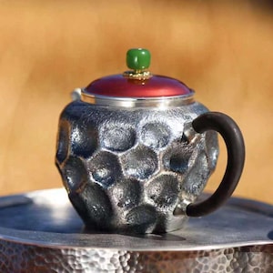 Handmade S999 Fine Silver Teapot with hammered textures and Jade Handle Gift for Tea Lovers