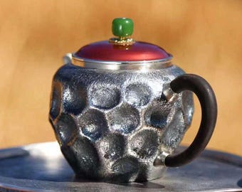 Handmade S999 Fine Silver Teapot with hammered textures and Jade Handle Gift for Tea Lovers