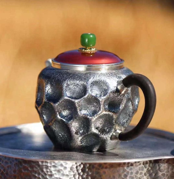 Handmade S999 Fine Silver Teapot with hammered textures and Jade Handle Gift for Tea Lovers