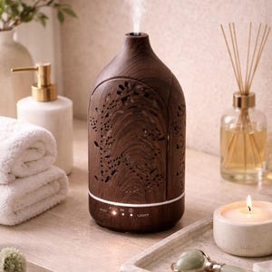 May include: A dark brown essential oil diffuser with a floral cutout design, emitting a stream of vapor. The diffuser sits on a light-coloured surface, alongside a lit candle, a jade roller, and a reed diffuser. The scene evokes a spa-like atmosphere.