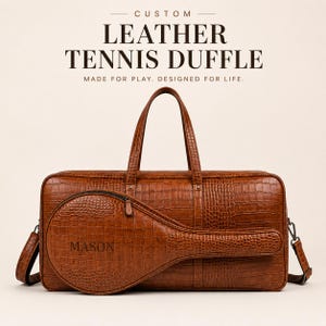 Personalised Leather Tennis Duffle Bag, Crocodile Embossed Cowhide Racket Bag, Racquet Case with Shoe Compartment