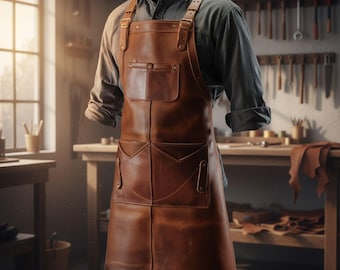Handmade Cowhide Leather Work Apron – Adjustable Crossback, Utility Pockets