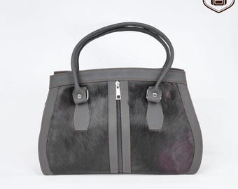 Hair-On Cowhide Leather Handbag: Structured Tote with Crossbody Strap