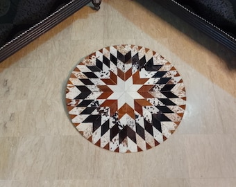 Patchwork tapijt rundleder, rond tapijt met haar op huid, handgemaakt leren vloerkleed, western boho boerderijvloerdecor