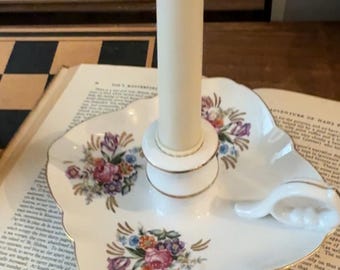 Vintage porcelain wales china chamberstick | floral candle holder