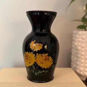 Vintage black vase with hand painted yellow flowers