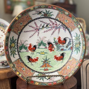 large famille verte rooster bowl | famille rose medallion 12”