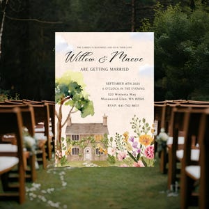 Convite de casamento Cottagecore - Modelo editável para casamento lésbico no jardim - Convite LGBTQ+ floral para impressão - Estilo rústico