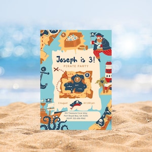 Faire-part d'anniversaire pirate • Carte au trésor d'invitation • Modèle modifiable sur toile pour le 3e anniversaire • Imprimable fête pirate pour enfants