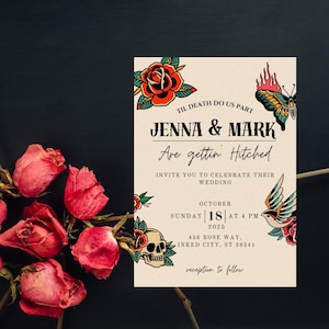 Tattoo-Hochzeitseinladung - Till Death Do Us Part-Vorlage - Amerikanische traditionelle Flash Art-Hochzeit - Bearbeitbare Rockabilly-Einladung