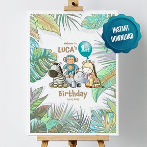 Placa de boas-vindas para aniversário do Wild One Safari, Placa de aniversário de animais da selva para impressão, Pôster de 1º aniversário para menina ou menino, Download instantâneo