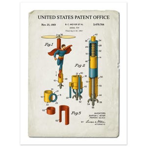 May include: Vintage patent illustration for an aerial toy, featuring a diagram of a Superman-like figure. The document is from the United States Patent Office, dated November 25, 1969, with detailed technical drawings and annotations.