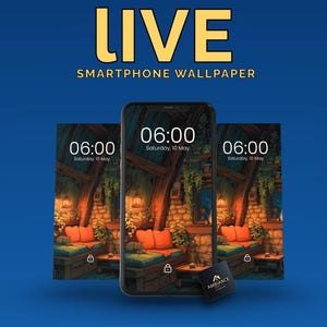 May include: Smartphone wallpaper with a cozy interior scene featuring a time display of 6:00. The image shows a living room with orange cushions, wooden furniture, and warm lighting. The text "LIVE" and "SMARTPHONE WALLPAPER" are displayed at the top.