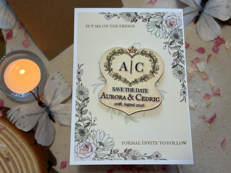 Personalised Floral Save the Date Magnet | Rustic Wedding Keepsake with Envelope
