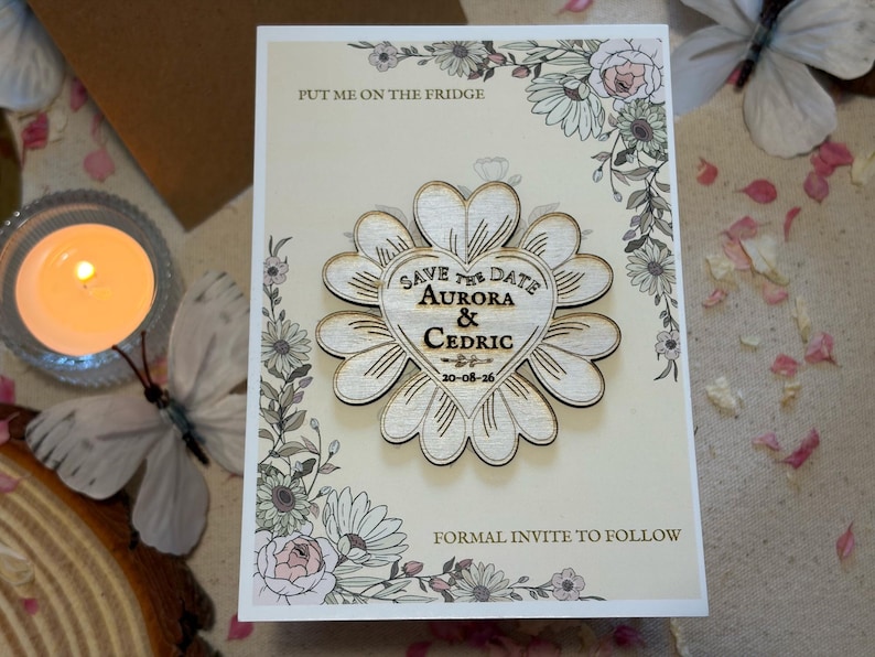 Rustic Wooden Flower Save the Date Fridge Magnet – Personalised Wedding Announcement Keepsake