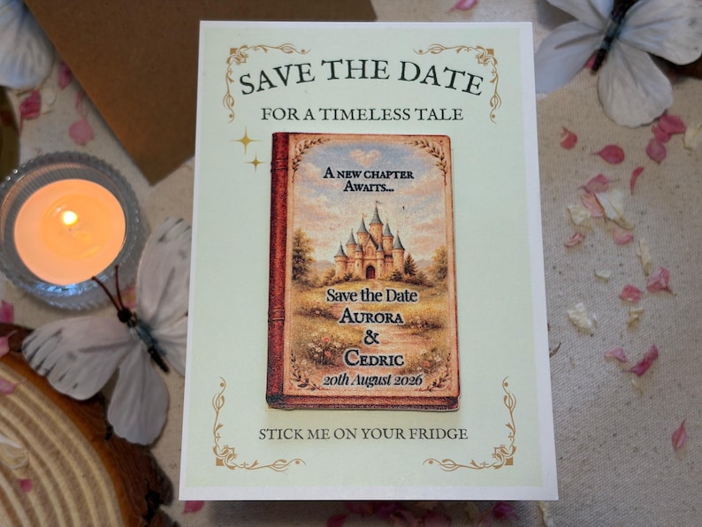 Fairy Tale Wedding Save the Date Magnet: Rustic Book Cover