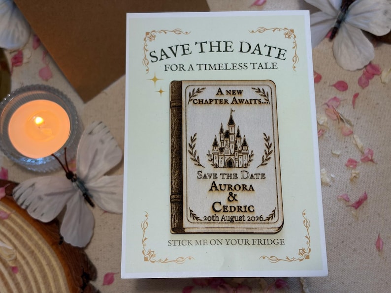 Fairy Tale Wedding Save the Date Magnet: Rustic Book Cover