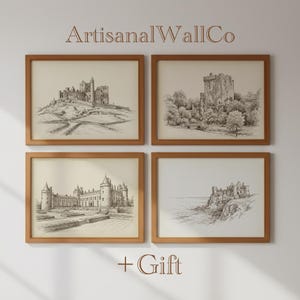 May include: Four framed pen and ink drawings of castles and ruins. The drawings are in brown wooden frames and are displayed on a white wall. The text "ArtisanalWallCo" is above the frames, and "+ Gift" is below.